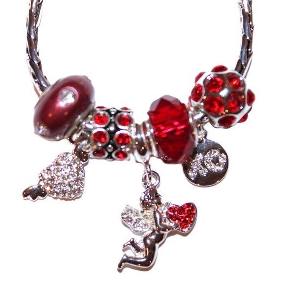 DaVinci Charm Bracelet 8.5" 7 Beads - Valentine's Day Heart XO Cupid Love Red CZ - Picture 2 of 4